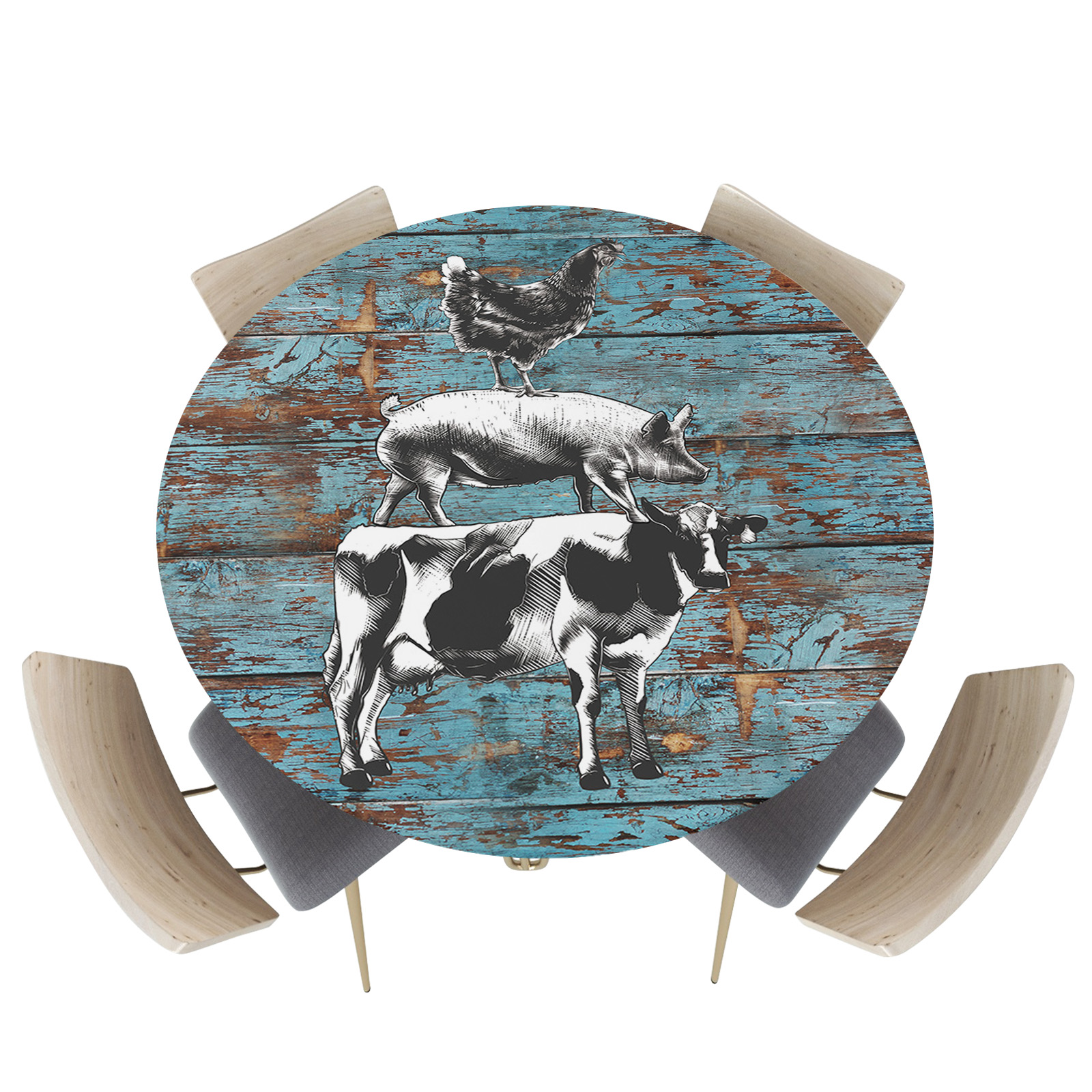 Fitted Round Tablecloths Table Covers 55-60in,Rustic Farm Animals Cow ...