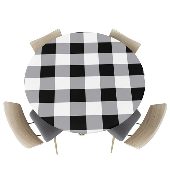 Fitted Round Tablecloths Table Covers 55-60in,Rustic Farmhouse Buffalo Check Plaid Waterproof Elastic Edged Table Cloth for Kitchen Dining Holiday Party Tables Decor,White Black