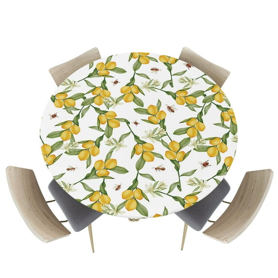 Fitted Round Tablecloths Table Covers 55-60in,Seamless Lemon Summer Fruit Waterproof Elastic Edged Table Cloth for Kitchen Dining Holiday Party Tables Decor,Leaves Floral Bee on White