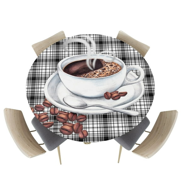 Fitted Round Tablecloths Table Covers 55-60in,Steaming Coffee Bean White Cup Waterproof Elastic Edged Table Cloth for Kitchen Dining Holiday Party Tables Decor,Black and White Stripe Lattice