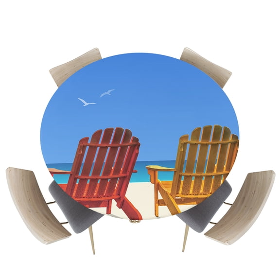 Fitted Round Tablecloths Table Covers 55-60in,Summer Coastal Vacation Blue Sky Waterproof Elastic Edged Table Cloth for Kitchen Dining Holiday Party Tables Decor,Plage Beach Chair and Sunbeam