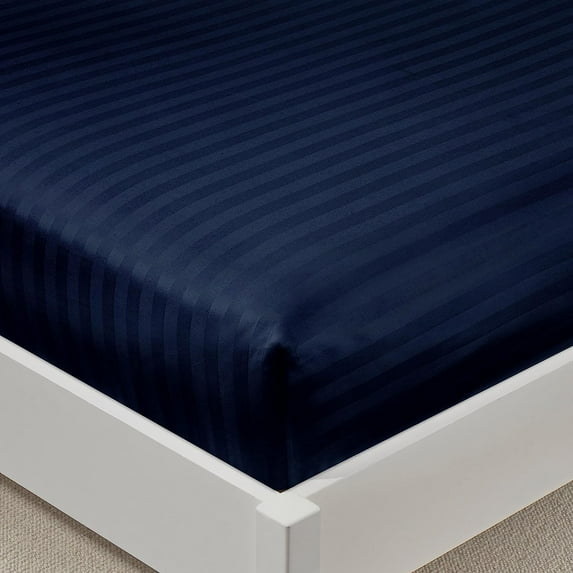 Fitted Sheet 1 Piece Only - 8" Inch Deep Pocket Full-XL Size Sheets - 400 TC Egyptian Cotton Super Elastic Bottom Mattress Covers & Protectors - Deep Pocket Fitted Sheet - Navy Blue Stripe.