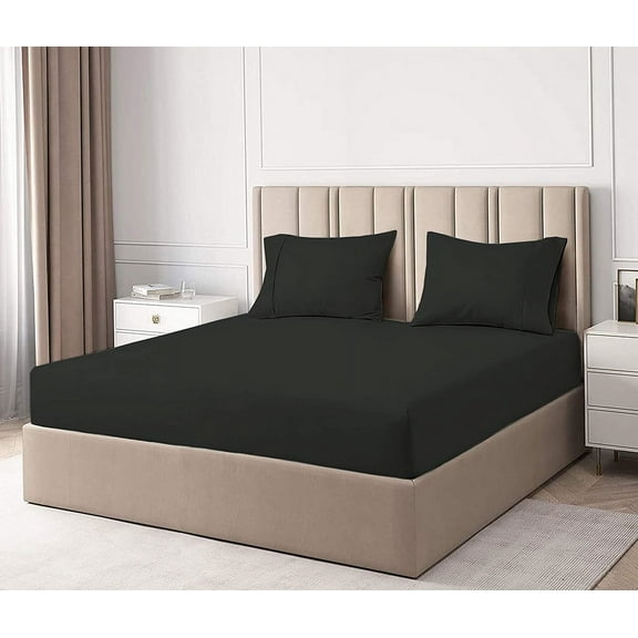 Fitted Sheet 100% Egyptian Cotton - 3 Piece Set - Luxury Sateen Weave 400 Thread Count Sheet with Pillowcases (Twin Size) Fully Elastic 12" Inch Deep Pocket Mattress Cover - Black Solid.