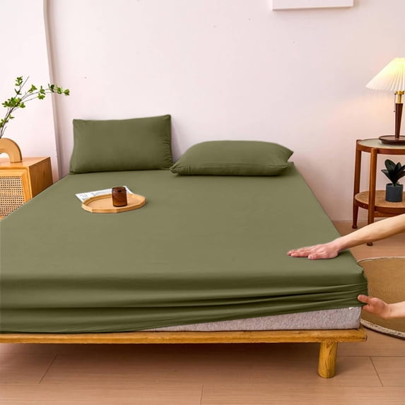 Green Deep Pocket Fitted Sheet with Non-Slip Mattress Cover, Hypoallergenic Cooling Stretch Soft Polyester Bedding Machine Washable