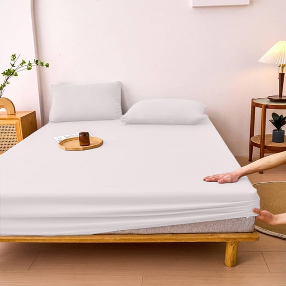 White Deep Pocket Fitted Sheet with Full Elastic Band, Non-Slip Cooling Stretch Polyester Mattress Protector, Hypoallergenic and Machine Washable