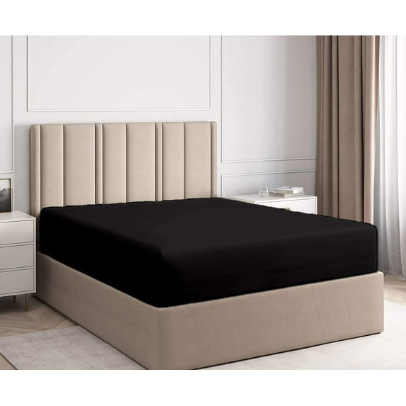 Fitted Sheet Only - Full-XL Size Sheets (Black Solid) 100% Egyptian Cotton Mattress Cover with 18" Inch Deep Pocket - Ultra Soft 600TC Fully Elastic - Sateen Fitted Bed Sheet.