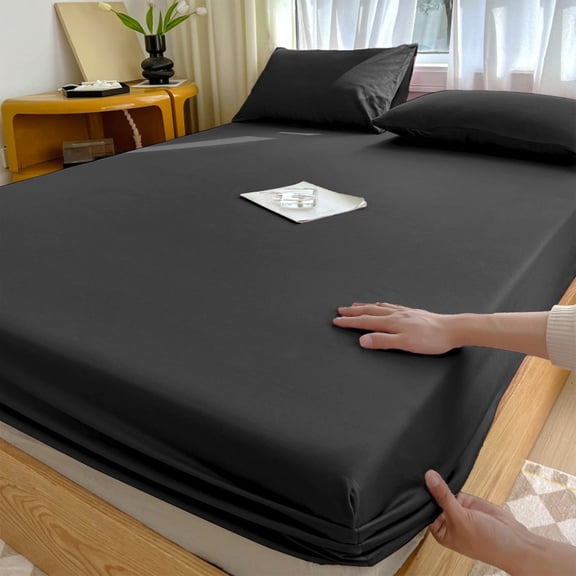 Fitted Sheet Non Slip, QQZ Soft Breathable Double Bed Sheets, Deep Pocket 15 Inch Elastic Mattress Protector for Adjustable Beds, Black