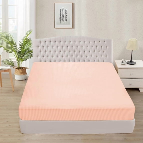 Fitted Sheet + Pillowcase Set 800 Thread Count 100% Egyptian Cotton 3-Piece ( 1-Fitted + 2-Pillowcase ) Full Size (54" x 75") Inch 18-Inch Deep Pocket, All-Around Elastic Peach Stripe