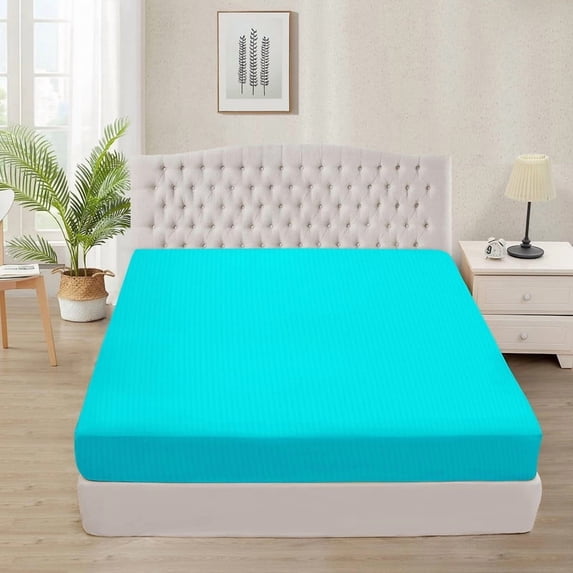 Fitted Sheet + Pillowcase Set 800 Thread Count 100% Egyptian Cotton 3-Piece ( 1-Fitted + 2-Pillowcase ) Queen Size (60" x 80") Inch 18-Inch Deep Pocket, All-Around Elastic Turquoise Stripe