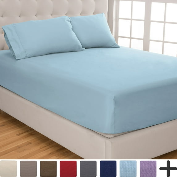 Fitted Sheet + Pillowcase Set, Microfiber, Wrinkle Resistant, King, Light Blue