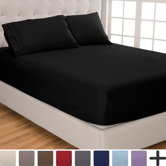 Fitted Sheet + Pillowcase Set, Microfiber, Wrinkle Resistant, Queen, Black