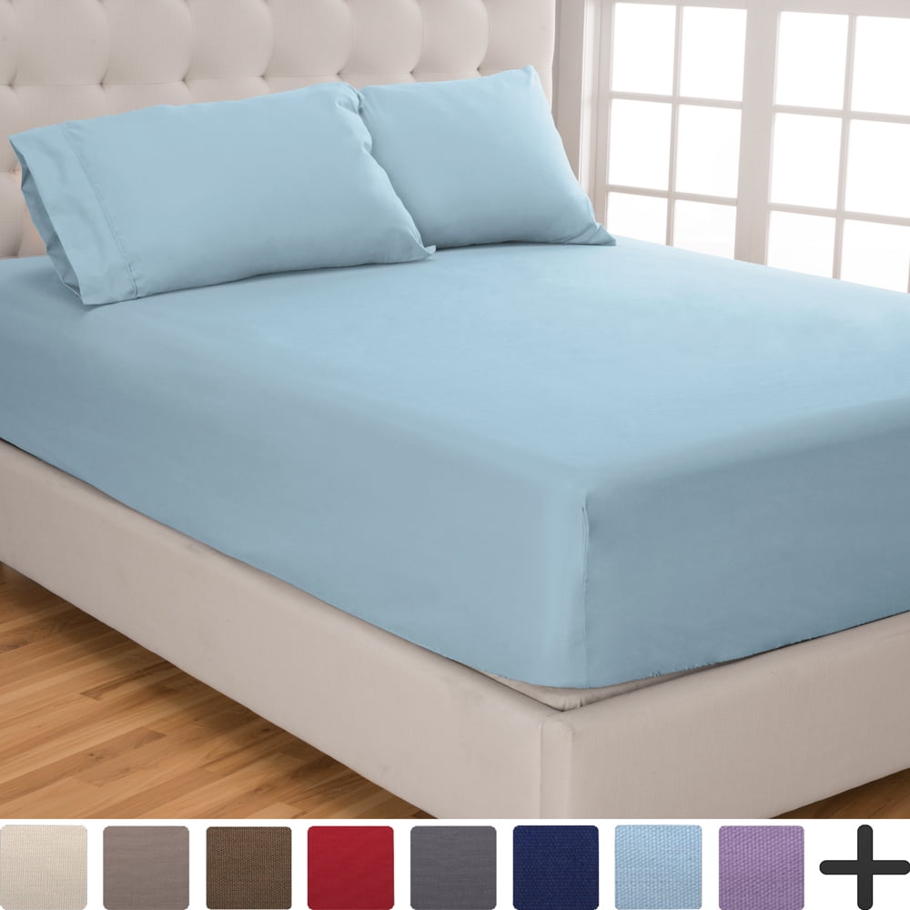 Fitted Sheet + Pillowcase Set, Microfiber, Wrinkle Resistant, Queen, Light Blue