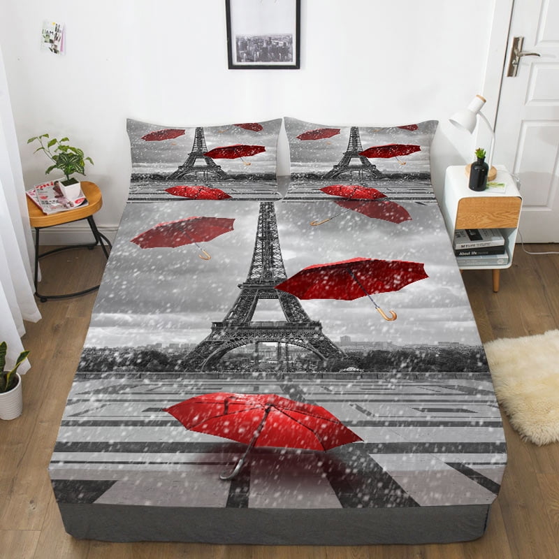 Fitted Sheet Polyester Woman Highend 3D Eiffel Tower Printed Bed Sets