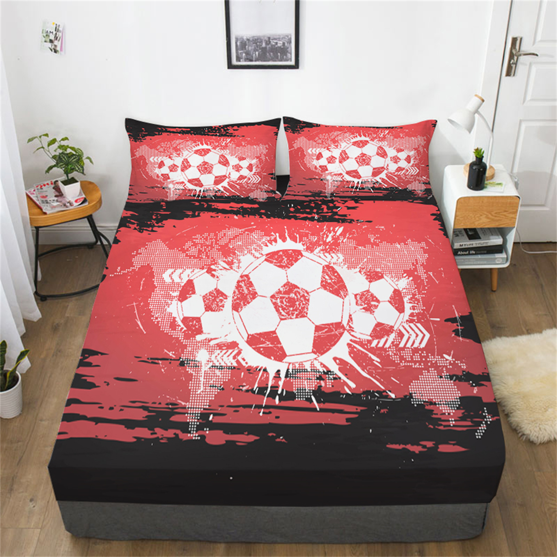 Fitted Sheet Set Soccer Bedclothes Red Bedspread Cool Sport Bedsheet 3D