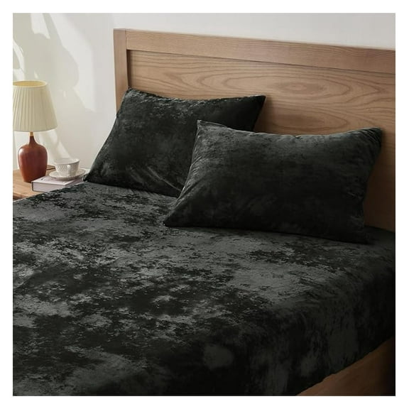 Fitted Sheet Set with Pillowcases, Fuzzy Microfiber Deep Pocket Bed Sheets - Queen Black