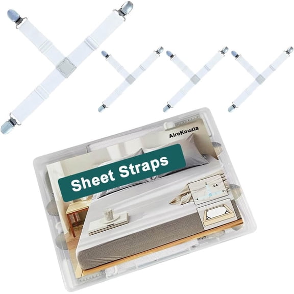 Fitted Sheet Straps with Clips - Bedsheet Holders for Queen and King Size Bed Set of 4, Adjustable Mattresses Suspenders for Keep Sheets in Place Firm and Tight (White)