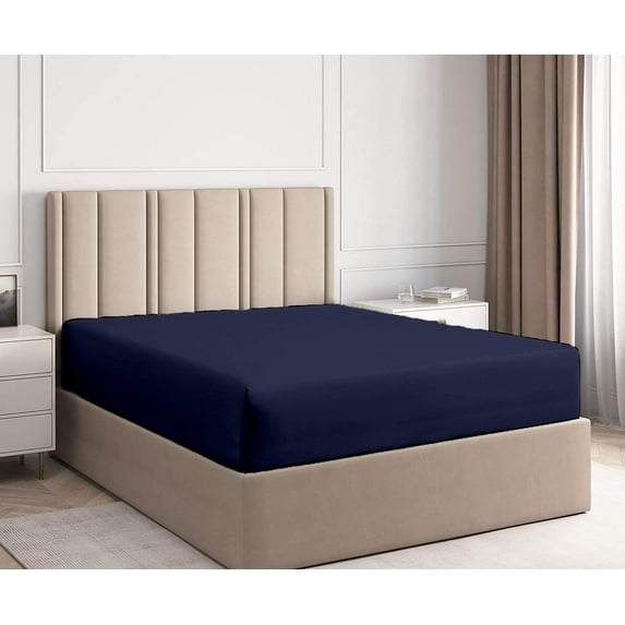 Fitted Sheet Only - Twin-XXL Size Sheets (Navy Blue Solid) 100% Egyptian Cotton Mattress Cover with 16" Inch Deep Pocket - Ultra Soft 600TC Fully Elastic - Sateen Fitted Bed Sheet.