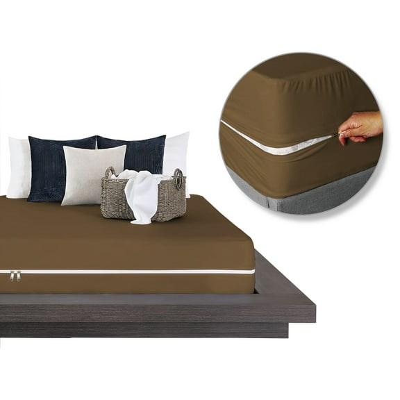 Fitted Sheet Zipper Twin XL Size (39X80), 100% Microfiber Fitted Sheet 1 Piece 8" Deep Pocket, Zipper Sheets Twin XL Size - Brown Color