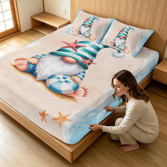 Fitted Sheets Elastic Deep Pocket Bed Sheet Twin XL Summer Beach Funny Stripes Gnome Soft Brushed Microfiber Bed Sheets Set, Ocean Sea Stars Mattress Cover Up Hotel Luxury Fitted Sheet Pillowcase