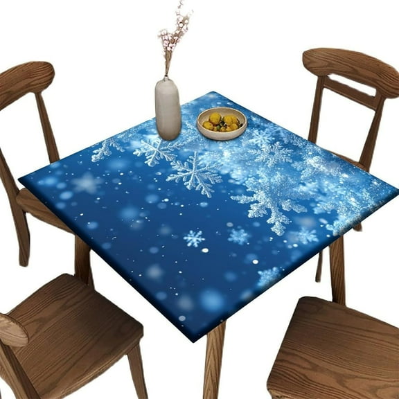 Fitted Small Table Cloths Square, Blue and White Snowflake Pattern Printed on Oilproof Fall Elastic Table Covers, Perfect for Parties & Celebrations, Fit for 32" x 32" Square Tables