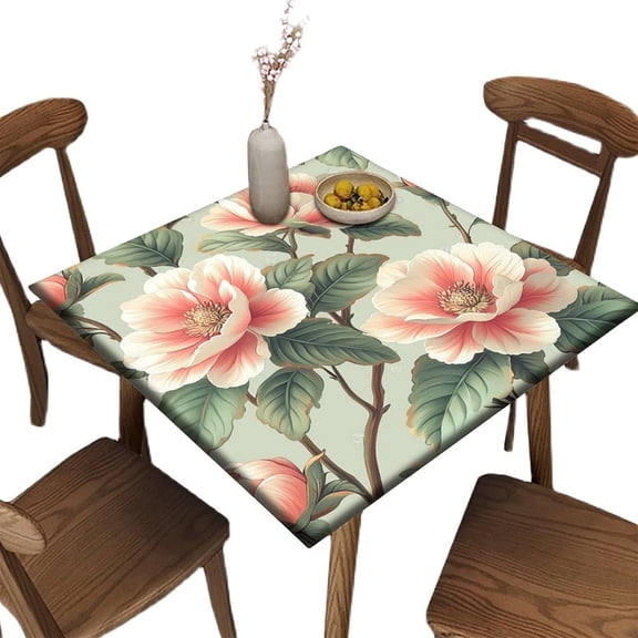 Fitted Square Folding Table Cloth, Pink Floral Pattern Printed on Oilproof Folding Table Square Cover, for Restaurants Cafes and Catering Services, Fit for 36" x 36" Square Tables