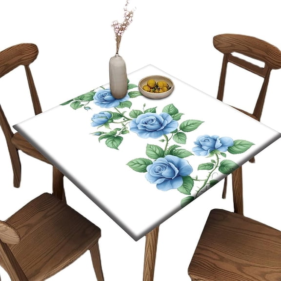 Fitted Square Table Cloths, Blue Rose Garland Pattern Printed on Fade Resistant Folding Table Covers, Ideal for Dining & Kitchen Tables, Fit for 36" x 36" Square Tables