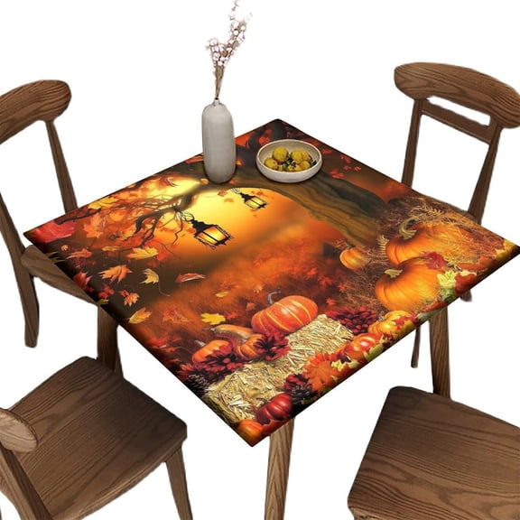 Fitted Square Tablecloth, Fall Harvest Thanksgiving Pumpkin Autumn Leaves Polyester Table Cloth, for Kitchen Dining Party Patio Tabletop Decoration, Fit for 36" x 36"Square Table