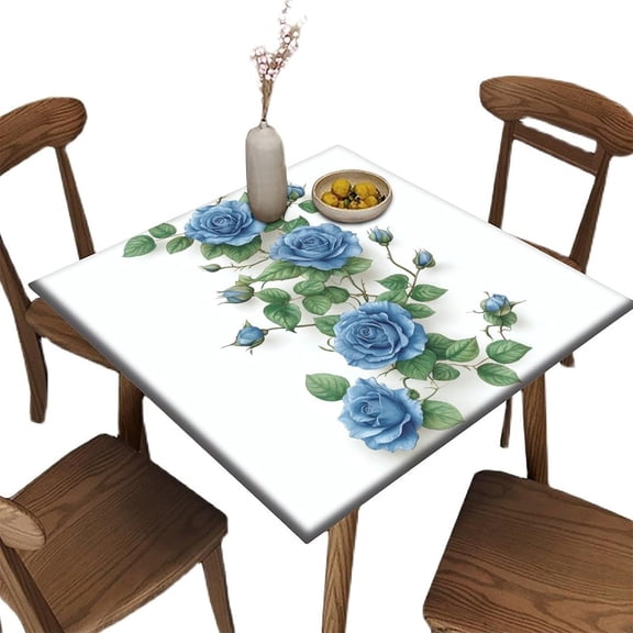 Fitted Stretch Table Cloth, Blue Rose Garland Pattern Printed on Fade Resistant Square Card Table Covers with Elastic, Ideal for Dining & Kitchen Tables, Fit for 36" x 36" Square Tables