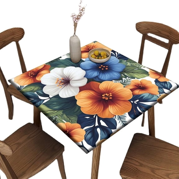 Fitted Stretch Table Cloth, Tropical Floral Pattern Printed on Spill Proof Fall Elastic Table Covers, for Family Gatherings and Holiday Celebrations, Fit for 36" x 36" Square Tables