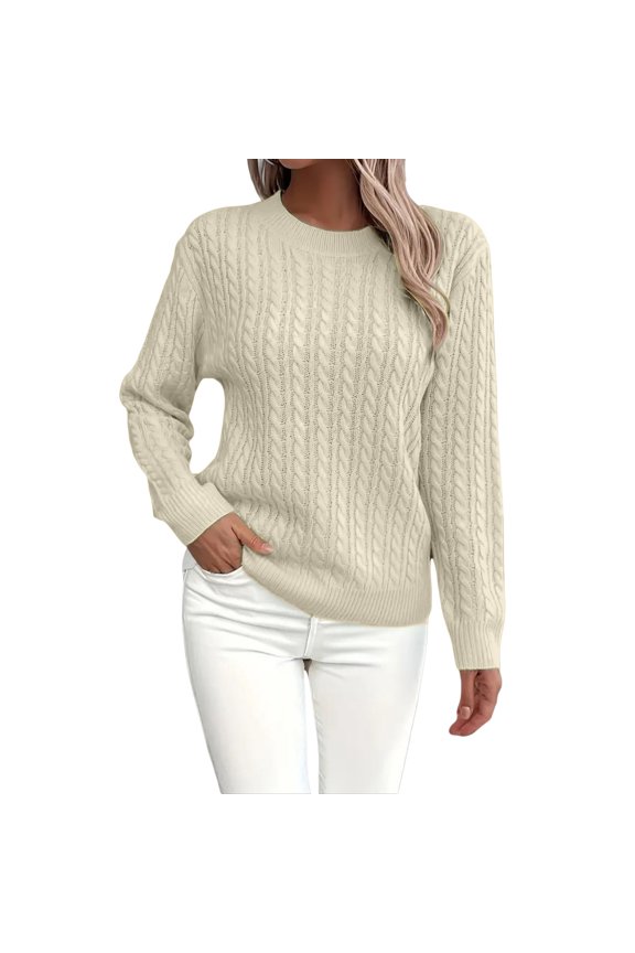 Fitted Sweaters for Women, Yigetop Sweaters for Women Fall Fashion Solid Round Neck Casual Long Sleeve Cable Knit Sweater Elegant Sweaters for Women, Khaki 2XL