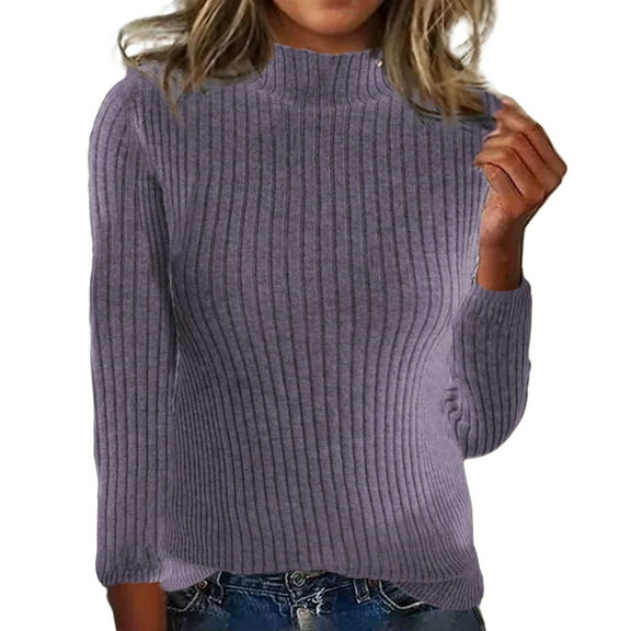 Fitted Sweaters for Women, Yigetop Women Pullover Autumn Wool Knitted Jumper Plain Crew Neck Thin Long Sleeve Jumper Soft Knit Sweater Elegant Warm Winter Sweater Womens Sweaters Purple XL