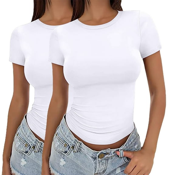 Fitted T Shirts Short Sleeve Tops Basic Tees Crew Neck Tops Crewneck Cute Stretchy Bodycon Fitted Tee Fitted Tops Womens Basic Tops Womens Basic Tee Tight Shirts Slim Fitted White-2PCS M