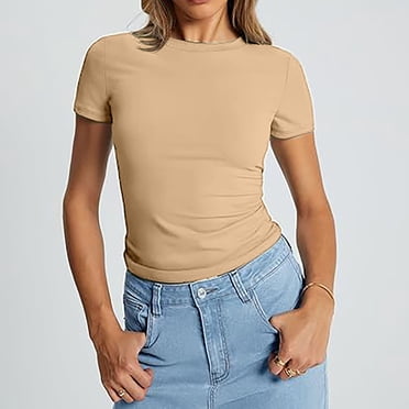 Fitted T Shirts Solid Color Shirts Short Sleeve Tops Cute Stretchy Bodycon Tshirts T-Shirts for Women Summer Tops Basic Tees Going Out Tops Womens Tshirt Shirts for Women A-1PCS L