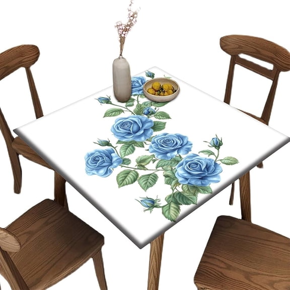 Fitted Table Cloth for Card Table, Blue Rose Garland Pattern Printed on Oilproof Table Cover, Fits Picnics & Outdoor Events, Fit for 36" x 36" Square Tables