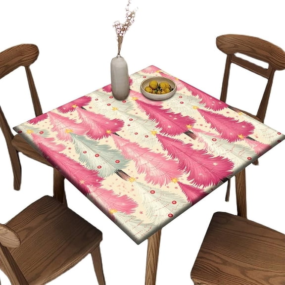 Fitted Table Cloth for Card Table, Pink and White Christmas Tree Pattern Printed on Polyester Card Table Covers Fitted Square, Great for Cafes & Offices, Fit for 32" x 32" Square Tables