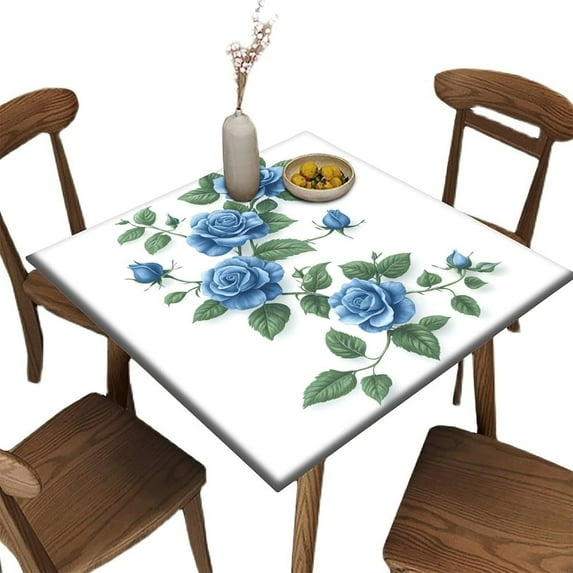 Fitted Table Cloth for Square Table, Blue Rose Garland Pattern Printed on Polyester Elastic Table Cover, Fits Picnics & Outdoor Events, Fit for 32" x 32" Square Tables