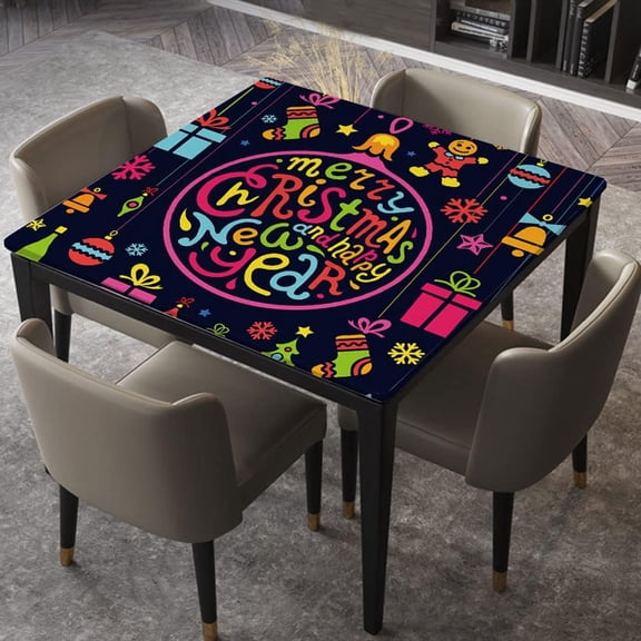 Fitted Table Cover Elastic Edged Polyester Waterproof Table Cloths, Christmas and New Year''s, Fitted Square Tablecloth Table Cloths for Banquet, Fits for 36"x36" Table