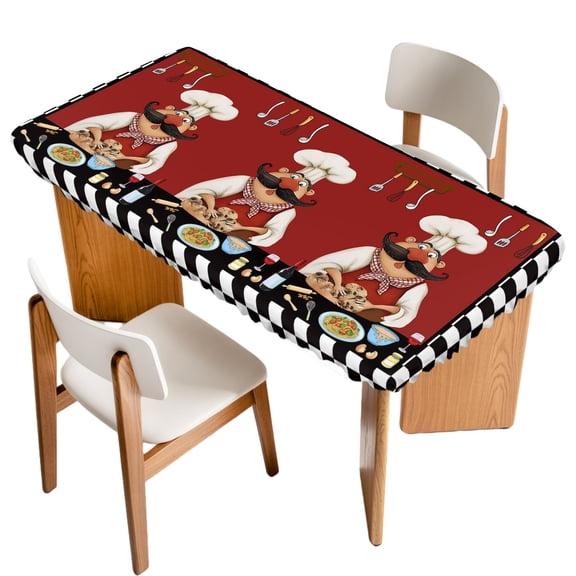 Fitted Tablecloth for 3 ft Rectangle Tables Bistro Cooking Chef Table Cover with Elastic Edge Funny Kitchen Wine Black Plaid Waterproof Table Clothes for Patio Garden Dinner Party Picnic Decor