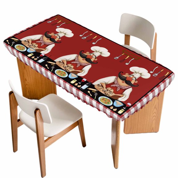 Fitted Tablecloth for 3 ft Rectangle Tables Bistro Cooking Chef Table Cover with Elastic Edge Funny Kitchen Wine Red Plaid Waterproof Table Clothes for Patio Garden Dinner Party Picnic Decor