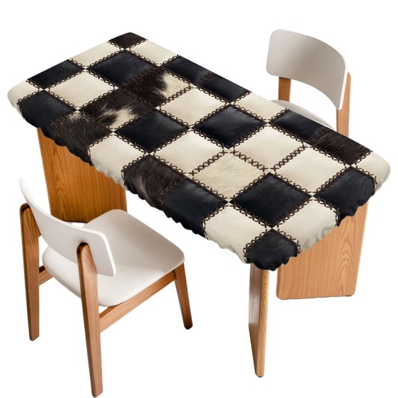 Fitted Tablecloth for 3 ft Rectangle Tables Black Animal Fur Table Cover with Elastic Edge Leather Patchwork Checked Waterproof Table Clothes for Patio Garden Dinner Party Picnic Decor