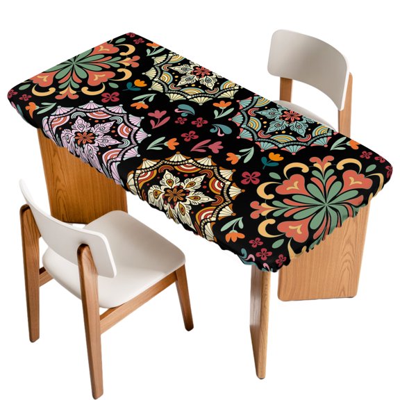 Fitted Tablecloth for 3 ft Rectangle Tables Black Turkish Pattern Table Cover with Elastic Edge Vintage Abstract Flower Waterproof Table Clothes for Patio Garden Dinner Party Picnic Decor