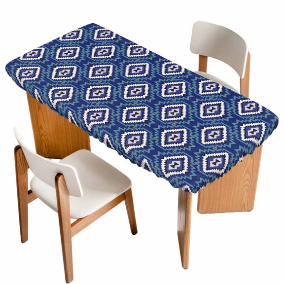 Fitted Tablecloth for 3 ft Rectangle Tables Blue Diamonds Table Cover with Elastic Edge Geometric Bohemian Lines Waterproof Table Clothes for Patio Garden Dinner Party Picnic Indoor Outdoor Decor