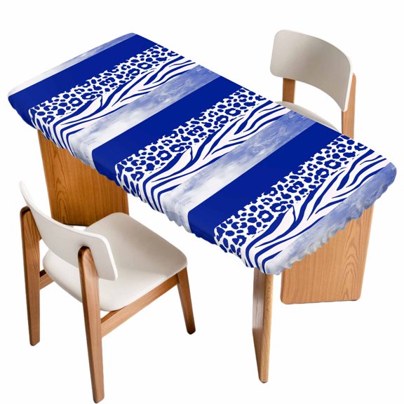 Fitted Tablecloth for 3 ft Rectangle Tables Blue Leopard Zebra Stripes Table Cover with Elastic Edge Abstract Collage Waterproof Table Clothes for Patio Garden Dinner Party Picnic Decor