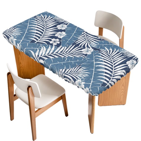Fitted Tablecloth for 3 ft Rectangle Tables Blue Tropical Palm Leaves Table Cover with Elastic Edge Jungle Floral Monstera Waterproof Table Clothes for Patio Garden Dinner Party Picnic Decor