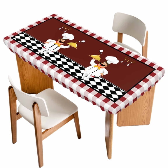 Fitted Tablecloth for 3 ft Rectangle Tables Cartoon Chef Table Cover with Elastic Edge Kitchen Gourmet Red Plaid Waterproof Table Clothes for Patio Garden Dinner Party Picnic Indoor Outdoor Decor