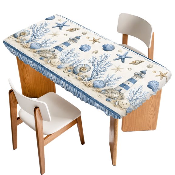 Fitted Tablecloth for 3 ft Rectangle Tables Coastal Lighthouse Table Cover with Elastic Edge Blue Ocean Seaweed Shell Conch Waterproof Table Clothes for Patio Garden Dinner Party Picnic Decor