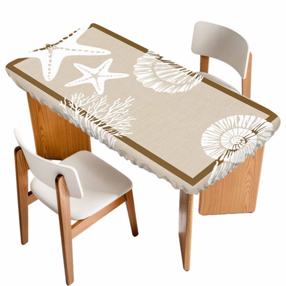 Fitted Tablecloth for 3 ft Rectangle Tables Coastal Starfish Table Cover with Elastic Edge Ocean Coral Conch Shell Waterproof Table Clothes for Patio Garden Dinner Party Picnic Indoor Outdoor Decor