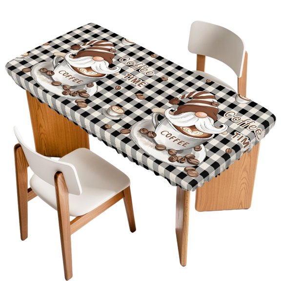 Fitted Tablecloth for 3 ft Rectangle Tables Coffee Time Gnome Table Cover with Elastic Edge Black Buffalo Check Plaid Waterproof Table Clothes for Patio Garden Dinner Party Picnic Decor