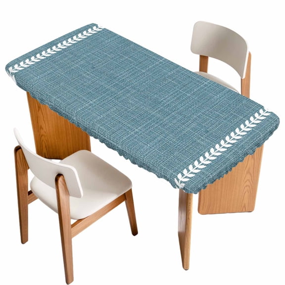 Fitted Tablecloth for 3 ft Rectangle Tables Denim Blue Linen Leaf Vines Table Cover with Elastic Edge Vertical Border Lines Waterproof Table Clothes for Patio Garden Dinner Party Picnic Decor