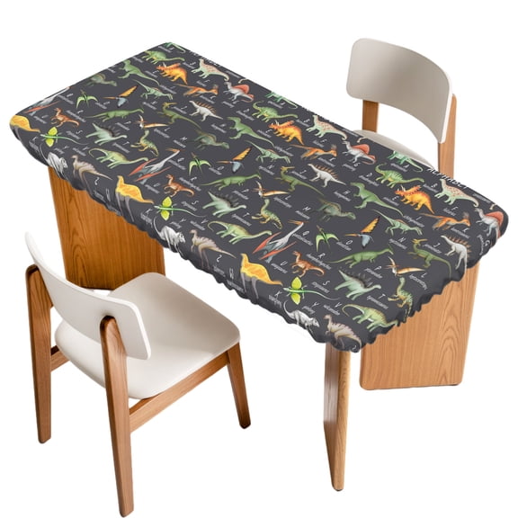Fitted Tablecloth for 3 ft Rectangle Tables Dinosaur Family Table Cover with Elastic Edge Learning Alphabet A to Z Name Grey Waterproof Table Clothes for Patio Garden Dinner Party Picnic Decor